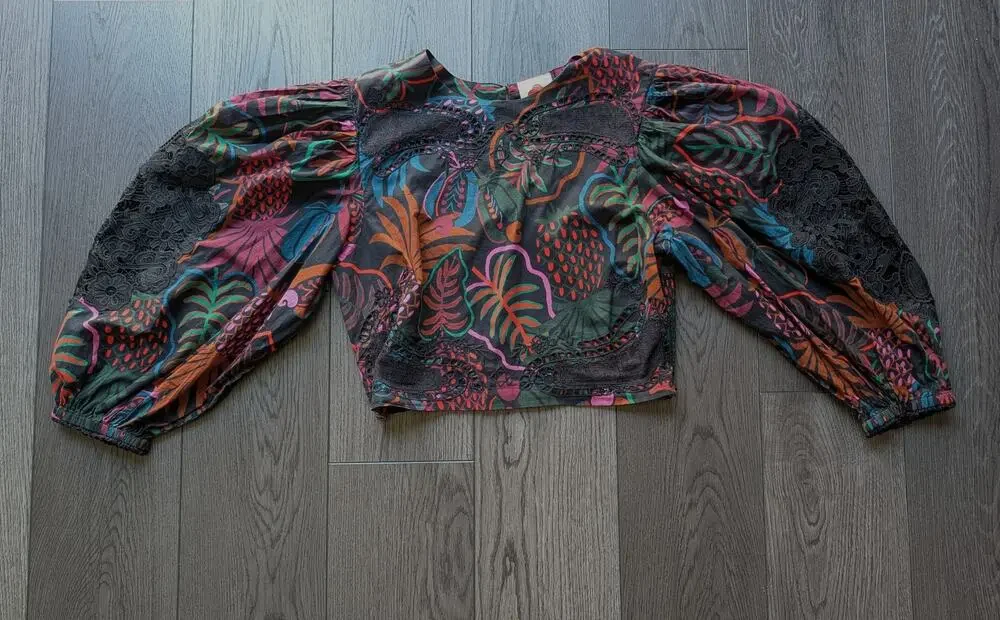 Farm Rio Fruit Dreams Puff Sleeve Blouse Top Size Large